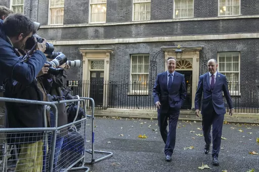 Former prime minister David Cameron leaves Downing Street, in London, Monday, Nov. 13, 2023. British Prime Minister Rishi Sunak on Monday fired Home Secretary Suella Braverman, a divisive figure who drew anger for accusing police of being too lenient with pro-Palestinian protesters. In a highly unusual move, former Prime Minister David Cameron was named foreign secretary. It's rare for a former leader, and a non-lawmaker, to take a senior government post. The government said Cameron will be appo