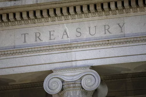 FILE- The U.S. Treasury Department building is shown at dusk in Washington on June 6, 2019. The United States on Friday, Oct. 27, 2023 expanded its effort to cut off funding for Hamas, announcing a second round of sanctions against people and organizations linked to the group since it launched an attack on Israel that killed more than 1,400 people. (AP Photo/Patrick Semansky, File)