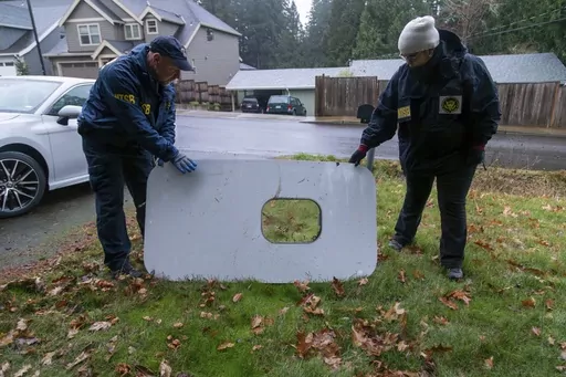 This photo released by the National Transportation Safety Board shows the door plug from Alaska Airlines Flight 1282 on Jan. 8, 2024, in Portland, Ore. Investigators say bolts that helped secure the panel on the Boeing jetliner were missing before the panel blew off the plane in midflight last month. The National Transportation Safety Board issued a preliminary report Tuesday, Feb. 6 into the Jan. 5 accident. The loss of the panel forced pilots of the Alaska Airlines Boeing 737 Max 9 jet to make