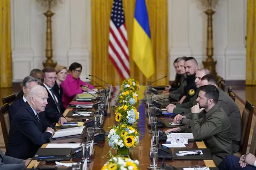 President Joe Biden meets with Ukrainian President Volodymyr Zelenskyy in the East Room of the White House, Thursday, Sept. 21, 2023, in Washington. President Joe Biden’s nearly $106 billion aid package for Ukraine, Israel and other needs sits idle in Congress, neither approved nor rejected, but subjected to new political demands. Republicans are insisting on U.S.-Mexico border policy provisions in exchange for any new funds for Ukraine to fight Russia. (AP Photo/Evan Vucci, File)