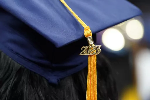 A tassel with 2023 on it rests on a graduation cap as students walk in a procession for Howard University's commencement in Washington, Saturday, May 13, 2023. The return of federal student loan payments in October has the potential to derail your finances, especially if you’re already struggling with credit card payments. (AP Photo/Alex Brandon, File)