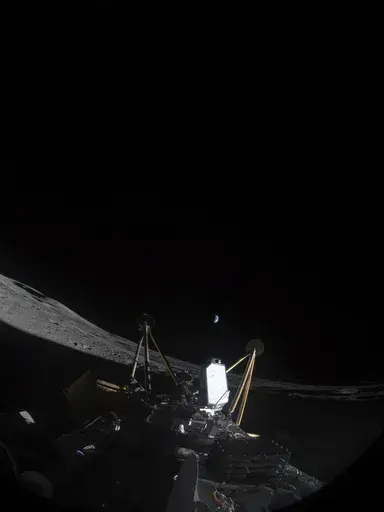 This photo provided by Intuitive Machines on Friday, March 7, 2025, shows the Athena, a private lunar lander, after landing sideways in a crater near the moon's south pole. (Intuitive Machines via AP)