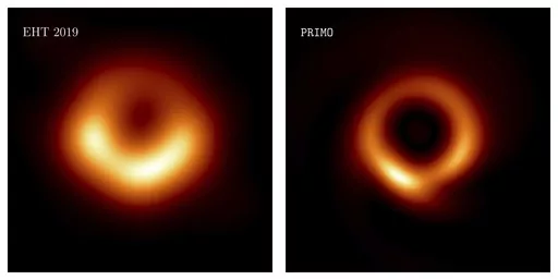 This combination of images provided by researcher Lia Medeiros shows images of the M87 black hole released in 2019, left, and an updated one for 2023. The new version, published Thursday, April 13, 2023, in the Astrophysical Journal Letters — keeps the original shape, but with a skinnier ring and a sharper resolution. Even with many telescopes working together, gaps remained in the data. In the latest study, scientists relied on the same data and used machine learning to fill in the missing pi