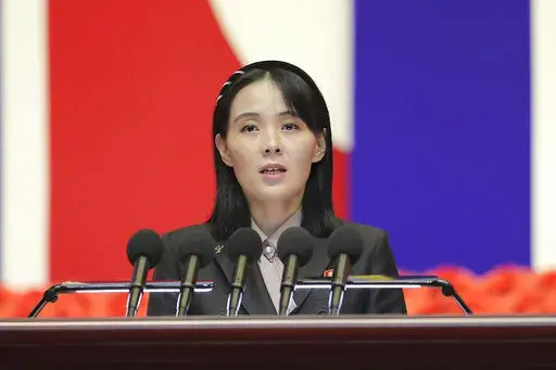 This photo provided on Aug. 14, 2022, by the North Korean government, Kim Yo Jong, sister of North Korean leader Kim Jong Un, delivers a speech during the national meeting against the coronavirus, in Pyongyang, North Korea, on Wednesday, Aug. 10, 2022, The influential sister of North Korean leader Kim Jong Un has warned the United States that it would face “a more fatal security crisis” as Washington pushes for U.N. condemnation of the North’s recent intercontinental ballistic missile test