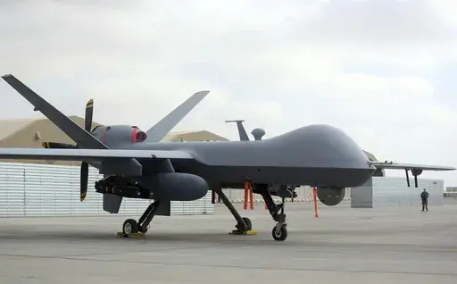 A U.S. MQ-9 drone is on display during an air show at Kandahar Airfield, Afghanistan, Tuesday, Jan. 23, 2018. Russia's defense minister has ordered officials to prepare a “response” to U.S. drone flights over the Black Sea, the ministry said Friday, June 28, 2024, in an apparent warning that Moscow may take forceful action to ward off the American reconnaissance aircraft. (AP Photo/Massoud Hossaini, File)