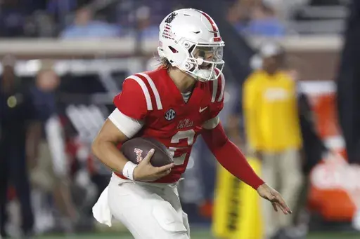 Mississippi quarterback Jaxson Dart (2) runs the ball during the second half of an NCAA college football game against Georgia Southern, Saturday, Sept. 21, 2024, in Oxford, Miss. (AP Photo/Sarah Warnock)