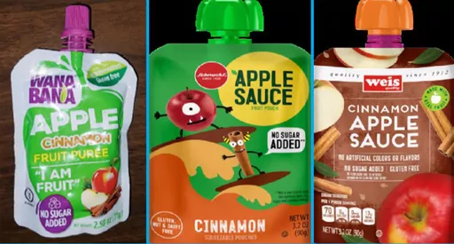 This image provided by the U.S. Food and Drug Administration on Thursday, Nov. 17, 2023, shows three recalled applesauce products - WanaBana apple cinnamon fruit puree pouches, Schnucks-brand cinnamon-flavored applesauce pouches and variety pack, and Weis-brand cinnamon applesauce pouches. U.S. health officials said Friday, Fan. 5, 2024, that recalled cinnamon applesauce pouches tied to lead poisoning in U.S. kids contained chromium, a chemical element that can be toxic. The cinnamon apple puree