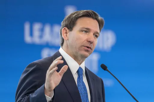 Florida Gov. Ron DeSantis speaks at the Heritage Foundation 50th Anniversary Celebration leadership summit, Friday, April 21, 2023, in Oxon Hill, Md. A new sense of urgency is growing among DeSantis’ allies as emboldened critics within his own party, especially President Donald Trump, work to undermine his presidential campaign before it begins. (AP Photo/Alex Brandon, File)