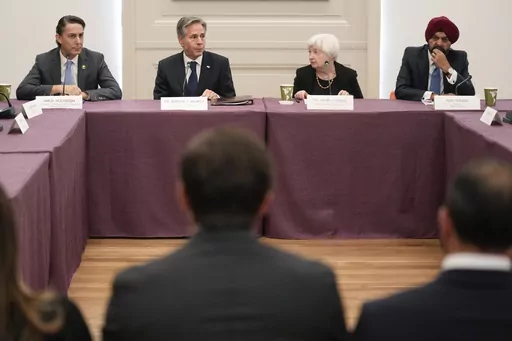 Secretary of State Antony Blinken, second from left, participates in global infrastructure and investment forum with Amos Hochstein, left, senior advisor to the president on energy and and investment, Janet Yellen, second from right, United States Secretary of Treasury, and Ajay Banga, right, World Bank president, in New York, Sept. 21, 2023. Economic crises are rippling through the countries bordering Israel. That raises the possibility of a chain reaction from the war against Hamas that furthe