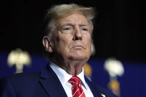 Republican presidential candidate former President Donald Trump speaks at a campaign rally, March 9, 2024, in Rome Ga. Trump's lawyers kept pressing an appellate court Wednesday, March 20, to excuse him from covering a $454 million fraud lawsuit judgment for now, saying he'd suffer “irreparable harm" before his appeal is decided. (AP Photo/Mike Stewart, File)