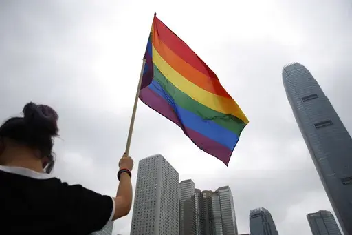 A participant holds a rainbow flag at the annual Pride Parade in Hong Kong, Nov. 17, 2018. (AP Photo/Kin Cheung, File)