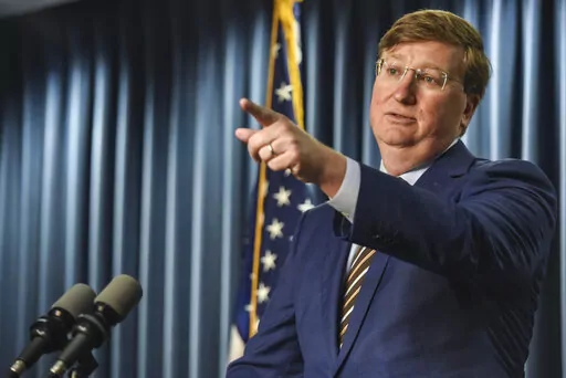 Mississippi Governor Tate Reeves speaks at a press conference regarding the Rental Assistance for Mississippians Program (RAMP) established during the COVID-19 pandemic in Jackson, Miss., Wednesday, Aug. 3, 2022. The Governor announced that the state would no longer be accepting applications for the program effective Aug. 15, the remaining funds of which would be returned to the United States Department of the Treasury. (Hannah Mattix/The Clarion-Ledger via AP)