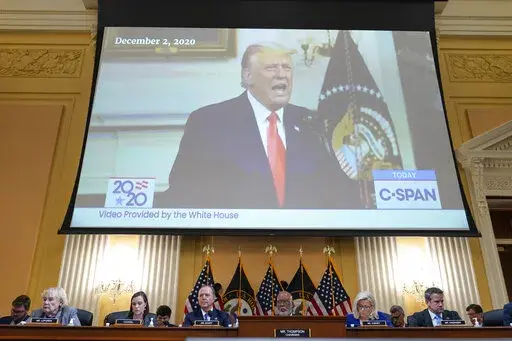 A video exhibit is displayed as the House select committee investigating the Jan. 6 attack on the U.S. Capitol continues to reveal its findings of a year-long investigation, at the Capitol in Washington, Tuesday, June 21, 2022. (AP Photo/Jacquelyn Martin)