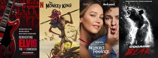 This combination of images shows promotional art for "Reinventing Elvis: The '68 Comeback" available Aug. 15 on Paramount+, "The Monkey King" available Aug. 18 on Netflix, "No Hard Feelings" available Aug. 15 on Video on Demand, and "Cocaine Bear" available Aug. 15 on Prime Video. (Paramount+/Netflix/Sony Pictures/Universal Pictures/Prime Video)