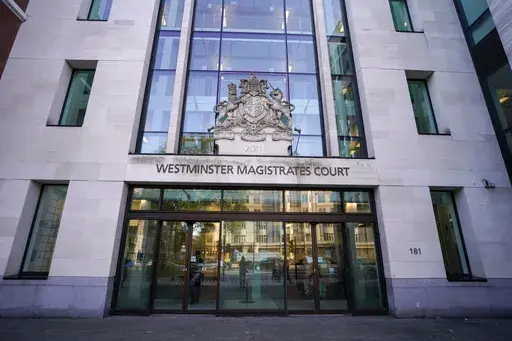 The outside of Westminster Magistrates Court is shown in London, Oct. 21, 2021. (AP Photo/Alberto Pezzali)