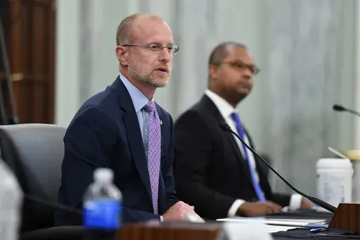 Brendan Carr answers questions during a Senate Commerce, Science, and Transportation committee hearing to examine the Federal Communications Commission on Capitol Hill in Washington, June 24, 2020. (Jonathan Newton/The Washington Post via AP, Pool, File)