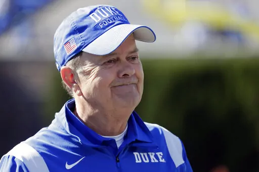 Duke head coach David Cutcliffe watches the team before an NCAA college football game against Miami Saturday, Nov. 27, 2021, in Durham, N.C. Former Mississippi and Duke coach David Cutcliffe has joined the Southeastern Conference as special assistant to the commissioner for football relations. The league announced the hiring on Thursday, March 24, 2022. (AP Photo/Chris Seward, File)