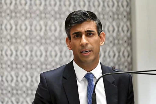 British Prime Minister Rishi Sunak holds a press conference after meeting with U.S. President Joe Biden and a phone call to Ukraine President Volodymyr Zelenskyy, Wednesday, Nov. 16, 2022, in Nusa Dua, Indonesia. (Leon Neal/Pool Photo via AP)