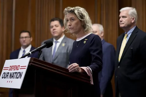 Rep. Jen Kiggans, R-Va., speaks during a news conference after the House approved an annual defense bill, Friday, July 14, 2023, on Capitol Hill in Washington. The most vulnerable House Republicans whose elections in swing districts next year will determine which party gains control of the chamber are overwhelmingly voicing their support for House Speaker Kevin McCarthy's impeachment inquiry into President Joe Biden. “I think the American people deserve to know the facts and I am looking forwa