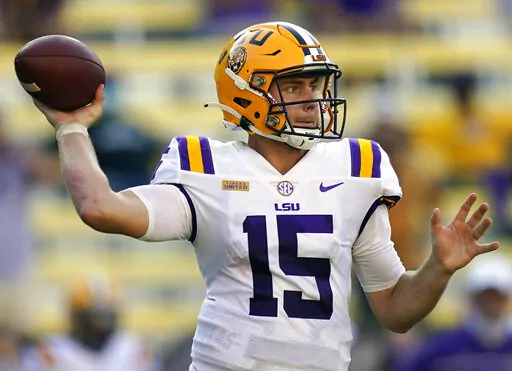 LSU quarterback Myles Brennan passes in the second half an NCAA college football game against Mississippi State in Baton Rouge, La., Sept. 26, 2020. LSU quarterback Myles Brennan has decided to end his college football career after five seasons with the Tigers. Brennan, who announced his decision on Monday, Aug. 15, 2022, spent his first three years at LSU as a backup. (AP Photo/Gerald Herbert, File)