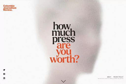 This screenshot shows the The Columbia Journalism Review website. If you went missing, how much press would you be “worth”? The Columbia Journalism Review unveiled a tool on Thursday, Nov. 3, 2022 that calculates the number of stories your disappearance would net, based on demographics. (AP Photo)