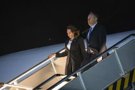 Vice President Kamala Harris and her husband Doug Emhoff arrive at Ninoy Aquino International Airport in Manila, Philippines, Sunday, Nov. 20, 2022. (Haiyun Jiang/The New York Times, Pool)