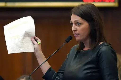 Rep. Shanda Yates, I-Jackson, presents legislation in House Chamber at the Mississippi Capitol, Tuesday, Feb. 7, 2023, in Jackson. (AP Photo/Rogelio V. Solis)