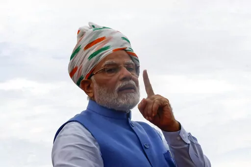 Indian Prime Minister Narendra Modi addresses the nation from 17th-century Mughal-era Red Fort on Independence Day in New Delhi, India, Monday, Aug.15, 2022. The country is marking the 75th anniversary of its independence from British rule. (AP Photo/Pankaj Nangia)