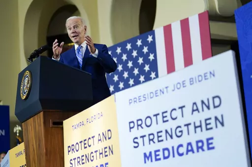 President Joe Biden speaks about his administration's plans to protect Social Security and Medicare and lower healthcare costs, Feb. 9, 2023, at the University of Tampa in Tampa, Fla. In the federal budget standoff, the majority of U.S. adults are asking lawmakers to pull off the impossible: Cut the overall size of government, but also devote more money to the most popular and expensive programs. (AP Photo/Patrick Semansky, File)