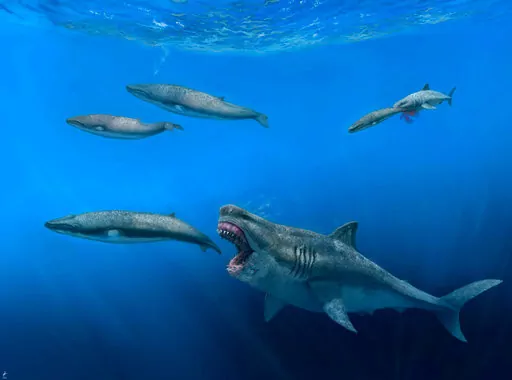 This illustration provided by J. J. Giraldo depicts a 16-meter (52-foot) Otodus megalodon shark predating on an 8-meter (26-foot) Balaenoptera whale in the Pliocene epoch, between 5.4 to 2.4 million years ago. At background right, a 4-meter (13-foot) Carcharodon shark seizes a 2.5-meter (8-foot) juvenile of the whale pod. The giant megalodon shark that roamed the oceans millions of years ago could have devoured a creature the size of a killer whale in just five bites, according to a study publis