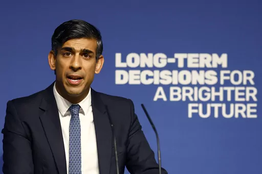 Britain's Prime Minister Rishi Sunak delivers a speech on AI at Royal Society, Carlton House Terrace, London, Thursday Oct. 26, 2023. British Prime Minister Rishi Sunak will host a two-day summit focused on frontier AI. It's reportedly expected to be draw a group of about 100 officials from 28 countries, including U.S. Vice President Kamala Harris and executives from key U.S. artificial intelligence companies including OpenAI, Google's DeepMind and Anthropic. (Peter Nicholls/Pool via AP, File)