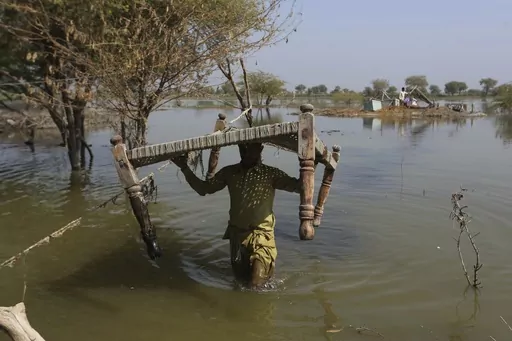 Villagers retrieve belongings, which were they kept on the higher ground surrounded floodwaters, at a village in Sohbat Pur, a flood-hit district of Baluchistan province, Pakistan, Oct. 25, 2022. Far more people are in harm's way as they move into high flood zones across the globe, adding to an increase in watery disasters from climate change, a new study said. (AP Photo/Fareed Khan, File)