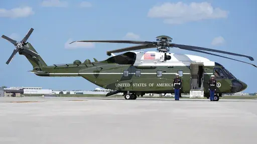 A new Marine One awaits President Joe Biden at Chicago O'Hare International Airport in Chicago, Monday, August 19, 2024. Biden on Monday took his first flight aboard the modern VH-92A helicopter that serves as Marine One after years of delays to the program to replace the aging aircraft that carry the president and vice president. Biden boarded the Sikorsky-made helicopter after arriving on Air Force One in Chicago where he is speaking Monday evening at the Democratic National Convention. (AP Ph