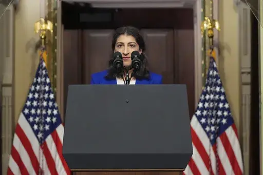 Lina Khan talks about health care costs at the Eisenhower Executive Office Building on the White House complex in Washington, April 3, 2024. (AP Photo/Mark Schiefelbein, File)