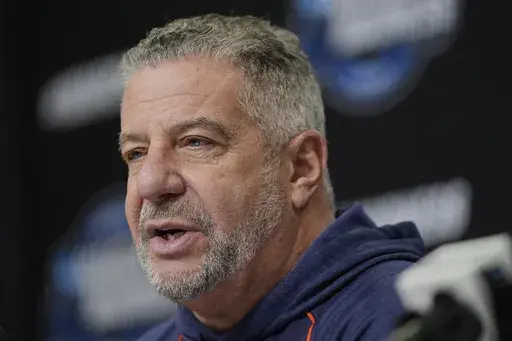 Auburn head coach Bruce Pearl speaks during a news conference, Thursday, March 27, 2025, in Atlanta, ahead of the Sweet 16 in the NCAA college basketball tournament. (AP Photo/George Walker IV)