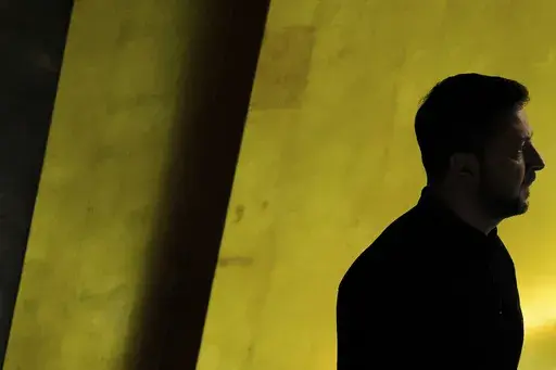 Ukraine President Volodymyr Zelenskyy arrives to address the 79th session of the United Nations General Assembly, Wednesday, Sept. 25, 2024, at the UN headquarters. (AP Photo/Julia Demaree Nikhinson)