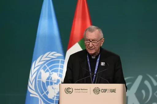 Vatican secretary of state, Cardinal Pietro Parolin, speaks during a plenary session at the COP28 U.N. Climate Summit, Saturday, Dec. 2, 2023, in Dubai, United Arab Emirates. Israel has formally complained after the Vatican No. 2 spoke of the “carnage” in Gaza and what he termed a disproportionate Israeli military operation following the Oct. 7 Hamas attacks. (AP Photo/Rafiq Maqbool, File)