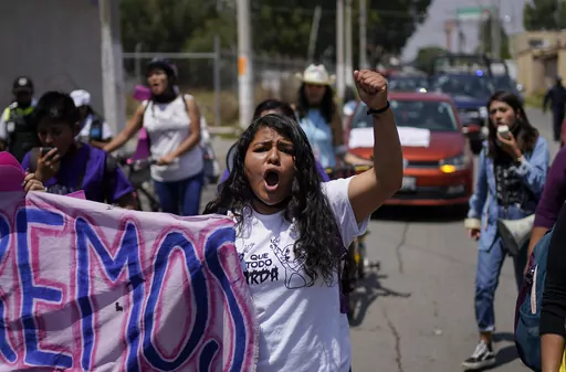 Roxana Ruiz shouts slogans during a march in memory of Diana Velazquez, who was making a call outside her home in 2017 when she was disappeared, raped and killed, in Chimalhuacan, State of Mexico, Mexico, July 2, 2022. Ruiz, who killed a man defending herself when he attacked and raped her in 2021 was sentenced to more than six years in prison, a decision her legal defense called “discriminatory” and vowed to appeal Tuesday, May 16, 2023.(AP Photo/Eduardo Verdugo, File)