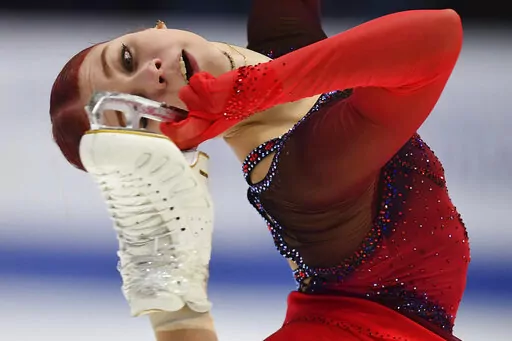 Russia's Alexandra Trusova performs in the women short program during the ISU European Figure Skating Championships in Tallinn, Estonia, Thursday, Jan. 13, 2022. (AP Photo/Sergei Stepanov)