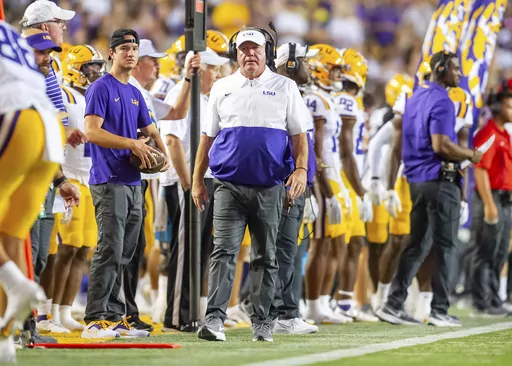 LSU head coach Brian Kelly walks on the sideline during an NCAA college football game against Grambling State in Baton Rouge, La., Saturday, Sept. 9, 2023. (Scott Clause/The Daily Advertiser via AP)
