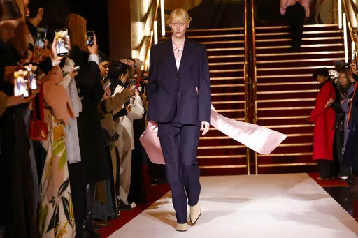 A model wears a creation as part of the Lilia Litkovska Fall/Winter 2023-2024 ready-to-wear collection presented Wednesday, March 1, 2023 in Paris. (Vianney Le Caer/Invision/AP)