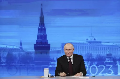 Russian President Vladimir Putin speaks during his annual news conference in Moscow, Russia, Thursday, Dec. 14, 2023. Putin seems to be hoping that relentless military pressure, combined with changing Western political dynamics and a global focus on the Israeli-Hamas war, will drain support for Ukraine in the nearly 2-year-old war and force Kyiv to yield to Moscow's demands. Putin is eager to show battlefield gains in Ukraine as he faces reelection in March.(Gavriil Grigorov, Sputnik, Kremlin Po