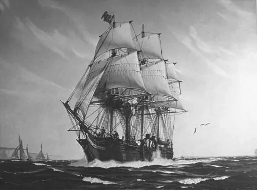 This photo shows the 1819 painting of the SS Savannah, by Hunter Wood, LT USMS. A chunk of weatherbeaten flotsam that washed up on a New York shoreline after Tropical Storm Ian last fall has piqued the interest of experts who say it is likely part of the SS Savannah, a famous shipwreck that became the first vessel to cross the Atlantic Ocean partly under steam power in 1819 and then ran aground off Long Island two years later. (Savannah Morning News via AP)