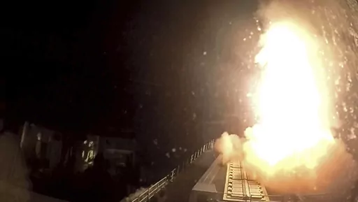 In this photo provided by the Royal Navy on Saturday, Dec. 16, 2023, an image shows the HMS Diamond firing its Sea Viper missile to engage and shoot down an aerial drone over the Red Sea. A Royal Navy warship has shot down a suspected attack drone targeting commercial ships in the Red Sea, Britain's defense secretary said Saturday, Dec. 16, 2023. The attacks on commercial vessels in the Red Sea by Yemen's Houthi rebels have scared off some of the world's top shipping companies and oil giants. (R