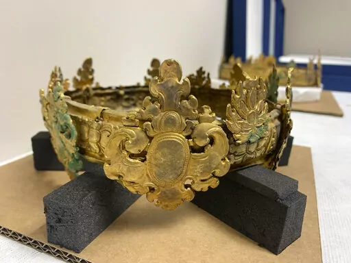 This photo released by the Union Youth Federations of Cambodia (UYFC), shows jewelry on display at a room of Latchford family in London on Feb. 14, 2023. A spectacular collection of centuries-old Cambodian jewelry has been returned to the Southeast Asian country, the latest treasures to be retrieved from the estate of well-known antiquities collector and dealer Douglas Latchford, who was accused of buying and selling looted artifacts. (Union Youth Federations of Cambodia via AP)