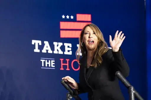 Republican National Committee chair Ronna McDaniel arrives on stage before House Minority Leader Kevin McCarthy of Calif., speaks at an event on Nov. 9, 2022, in Washington. The race for RNC chair will be decided on Friday by secret ballot as Republican officials from all 50 states gather in Southern California. McDaniel is fighting for reelection against rival Harmeet Dhillon, one of former President Donald Trump’s attorneys. (AP Photo/Alex Brandon, File)