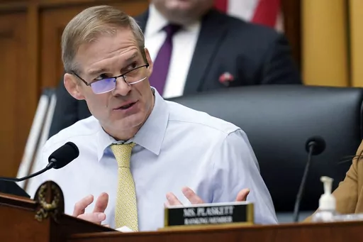 Chairman Jim Jordan, R-Ohio, left, speaks during a House Judiciary subcommittee hearing on Capitol Hill, Feb. 9, 2023, in Washington. House Republicans on Thursday, April 6, subpoenaed one of the former Manhattan prosecutors who had been leading a criminal investigation into Donald Trump before quitting last year in a clash over the direction of the probe. Jordan ordered Mark Pomerantz to testify before the committee by April 30. (AP Photo/Carolyn Kaster, File)