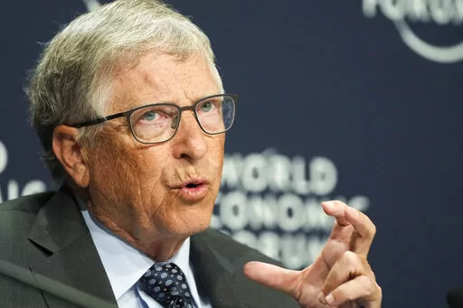 FILE -Bill Gates, Co-Chair, Bill & Melinda Gates Foundation, speaks at a news conference during the World Economic Forum in Davos, Switzerland, Wednesday, May 25, 2022.  Gates urged world leaders not to give up on the goals they set to reduce hunger and poverty despite huge recent setbacks documented in a new report released Tuesday, Sept. 13 by The Bill and Melinda Gates Foundation. (AP Photo/Markus Schreiber, File)