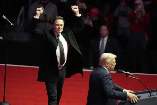 Elon Musk reacts as President-elect Donald Trump speaks at a rally ahead of the 60th Presidential Inauguration, Jan. 19, 2025, in Washington. (AP Photo/Alex Brandon, File)