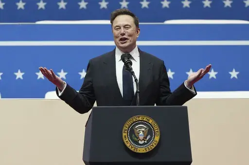 Elon Musk speaks at a presidential inauguration event on behalf of President-elect Donald Trump in Washington, Jan. 20, 2025. (AP Photo/Matt Rourke, File)